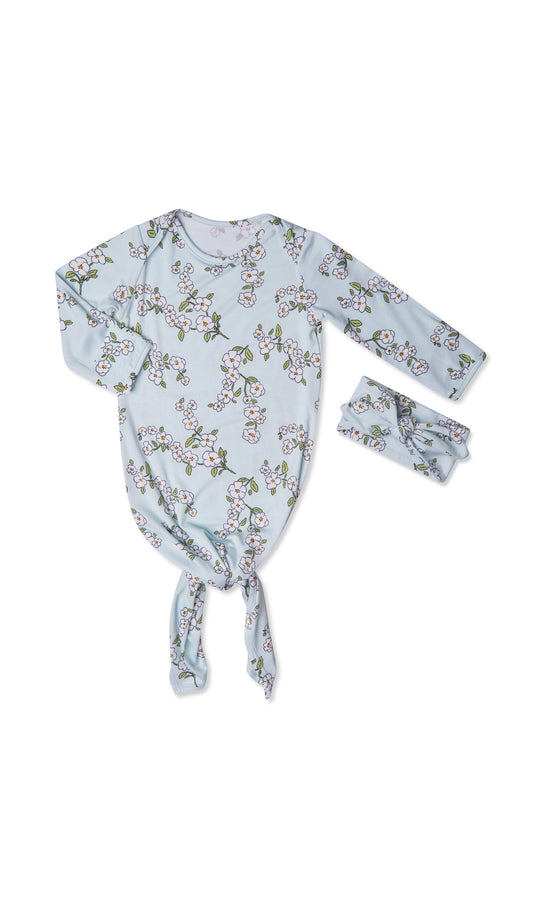 Baby's Breath Knotted Gown 2-Piece flat shot showing long sleeve baby gown with hem tied into a tie-knot bow and matching headwrap.