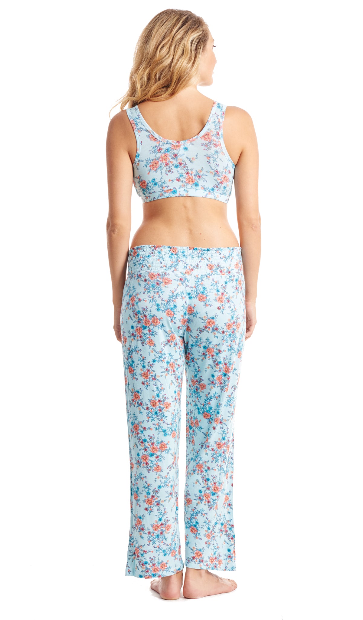 Azure Mist Paisley Single Bra. Detail back shot of woman wearing Azure Mist print bra and matching pant.