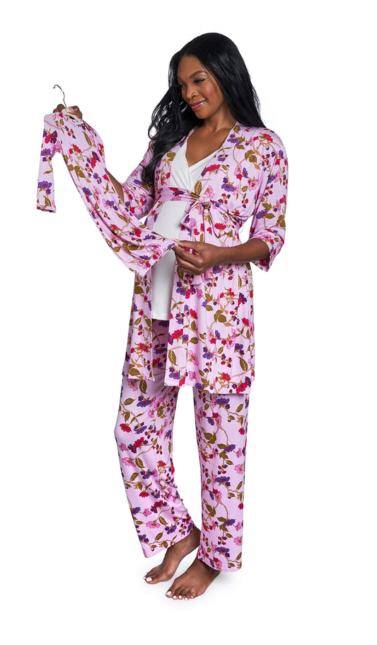 Lavender Rose Analise 5-Piece Set. Pregnant woman wearing 3/4 sleeve robe, tank top and pant while holding a baby gown.