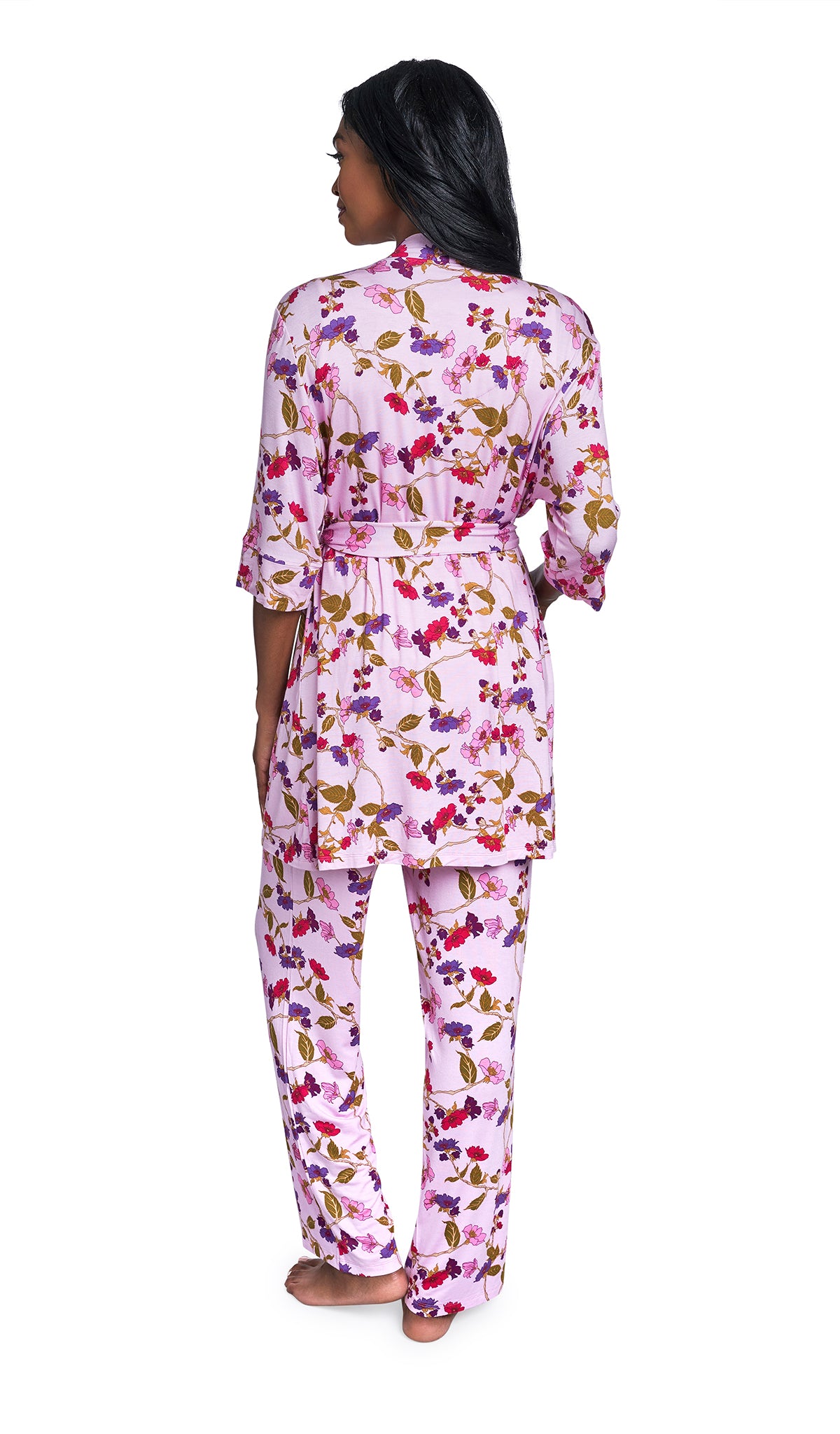 Lavender Rose Analise 3-Piece Set, back shot of woman wearing robe and pant.