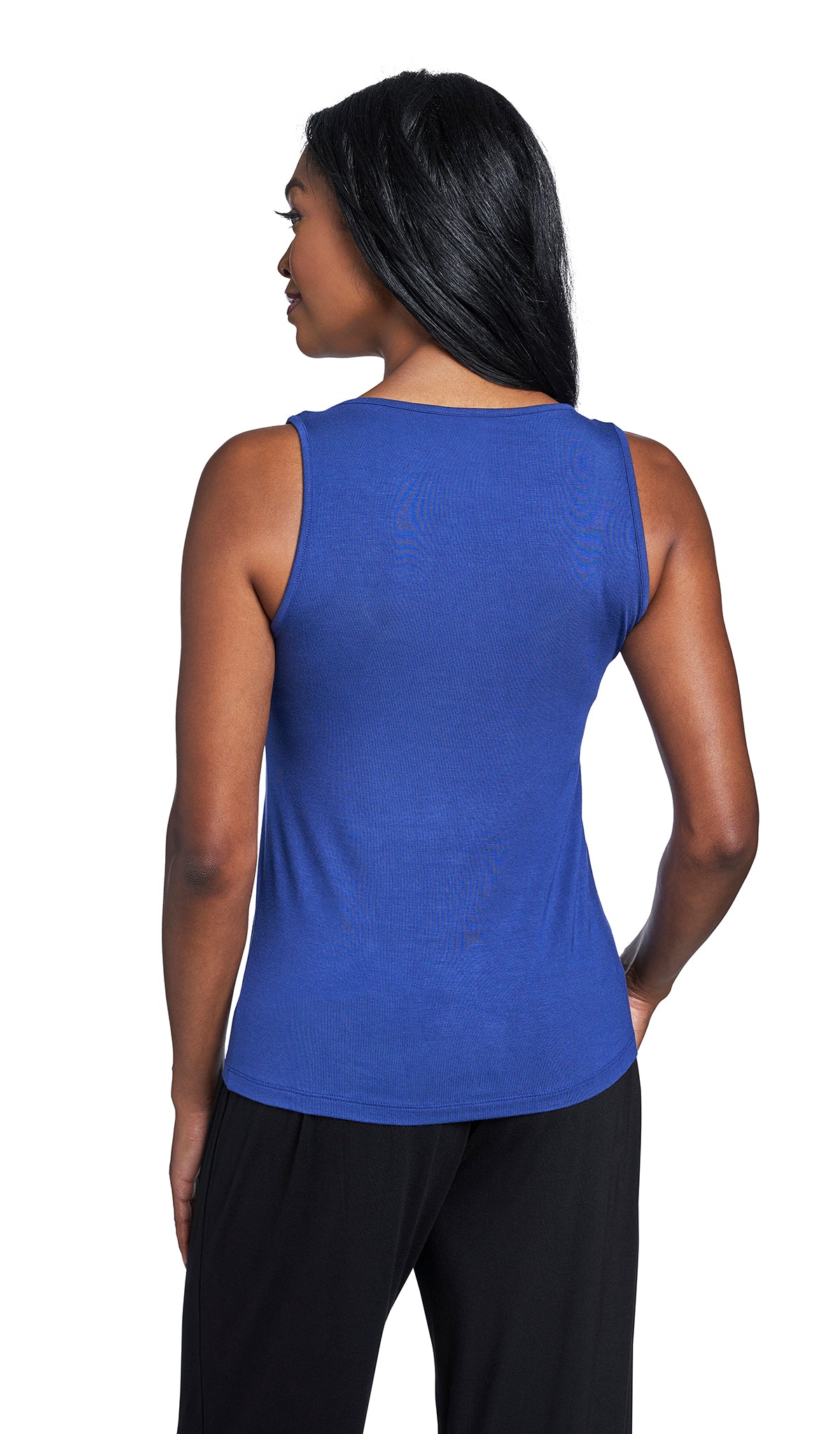 Denim Blue Kara Tank back shot of woman wearing Kara Tank with black pants.