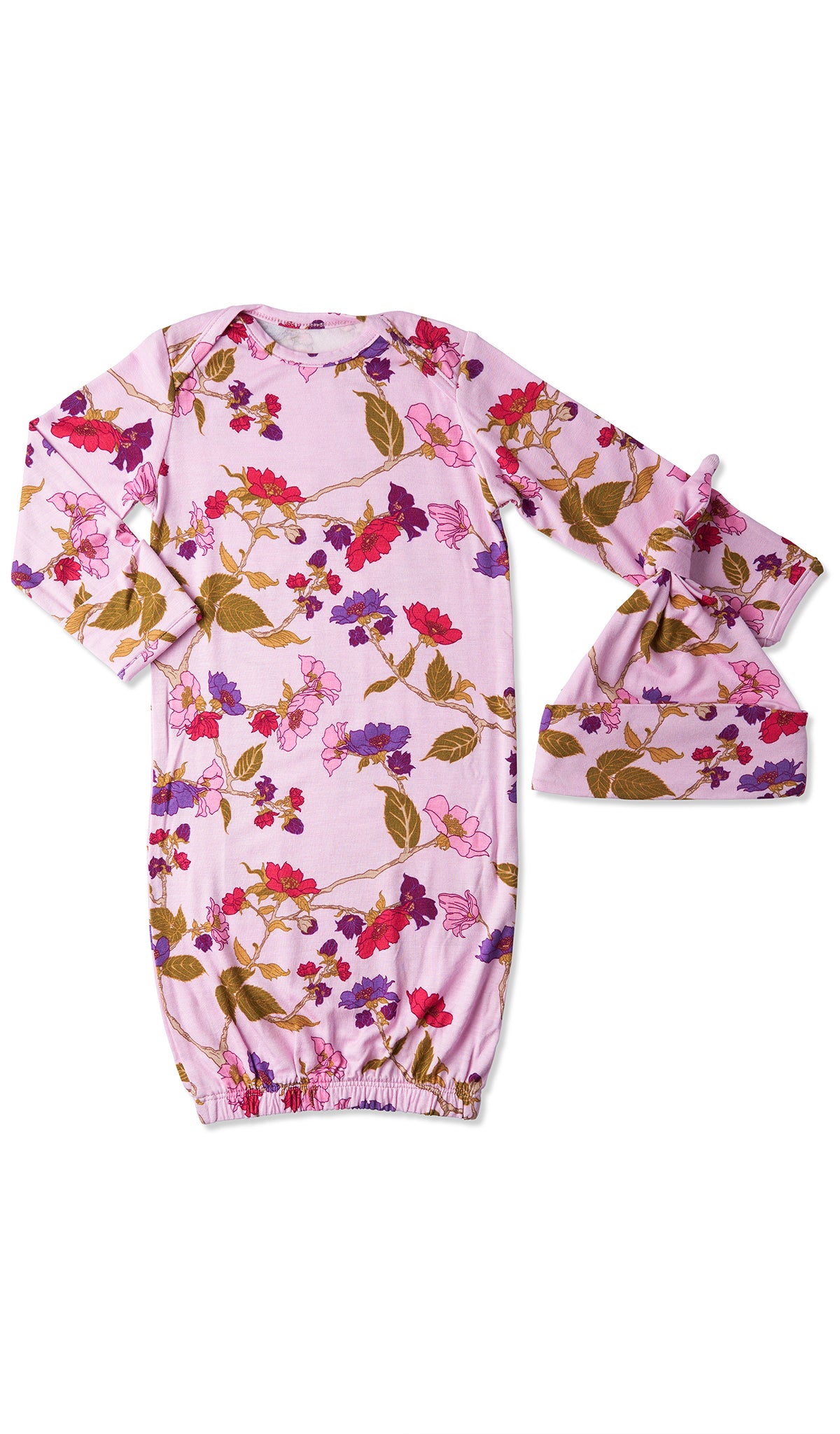 Lavender Rose Analise 5-Piece Set, gown and knotted hat for baby.
