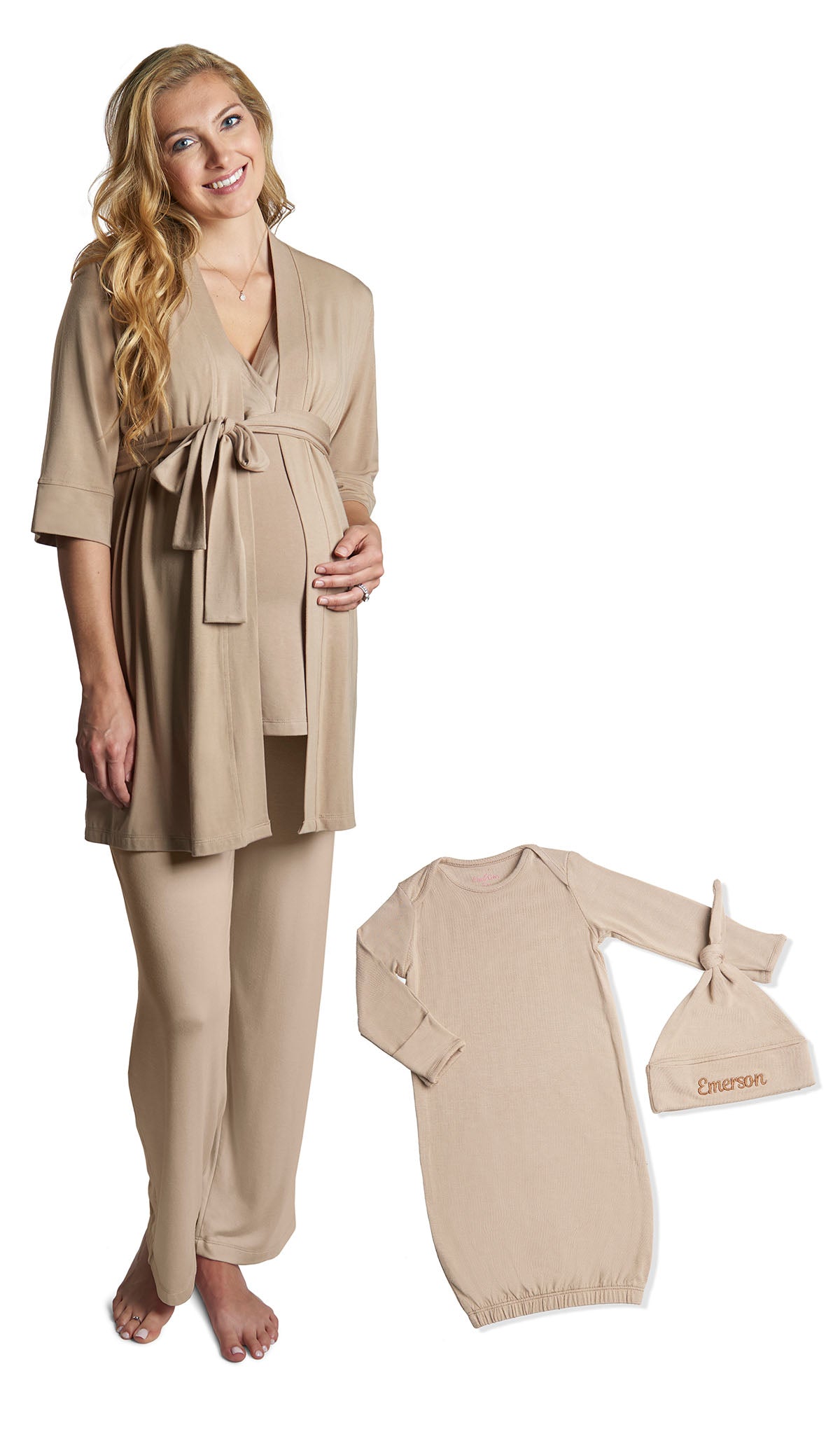 Latte personalized Analise 5-Piece Set. Woman wearing 3/4 sleeve robe, tank top and pant with a flat laid baby gown and embroidered baby hat next to her.