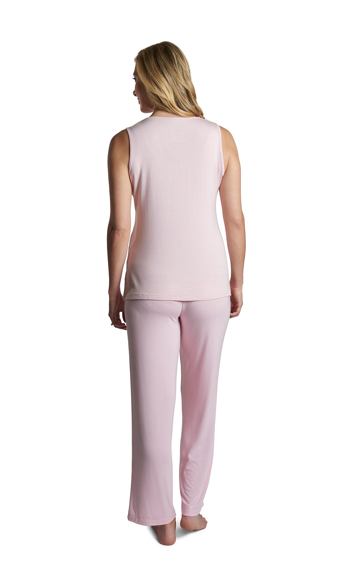 Blush Analise 3-Piece Set, back shot of woman wearing tank top and pant.
