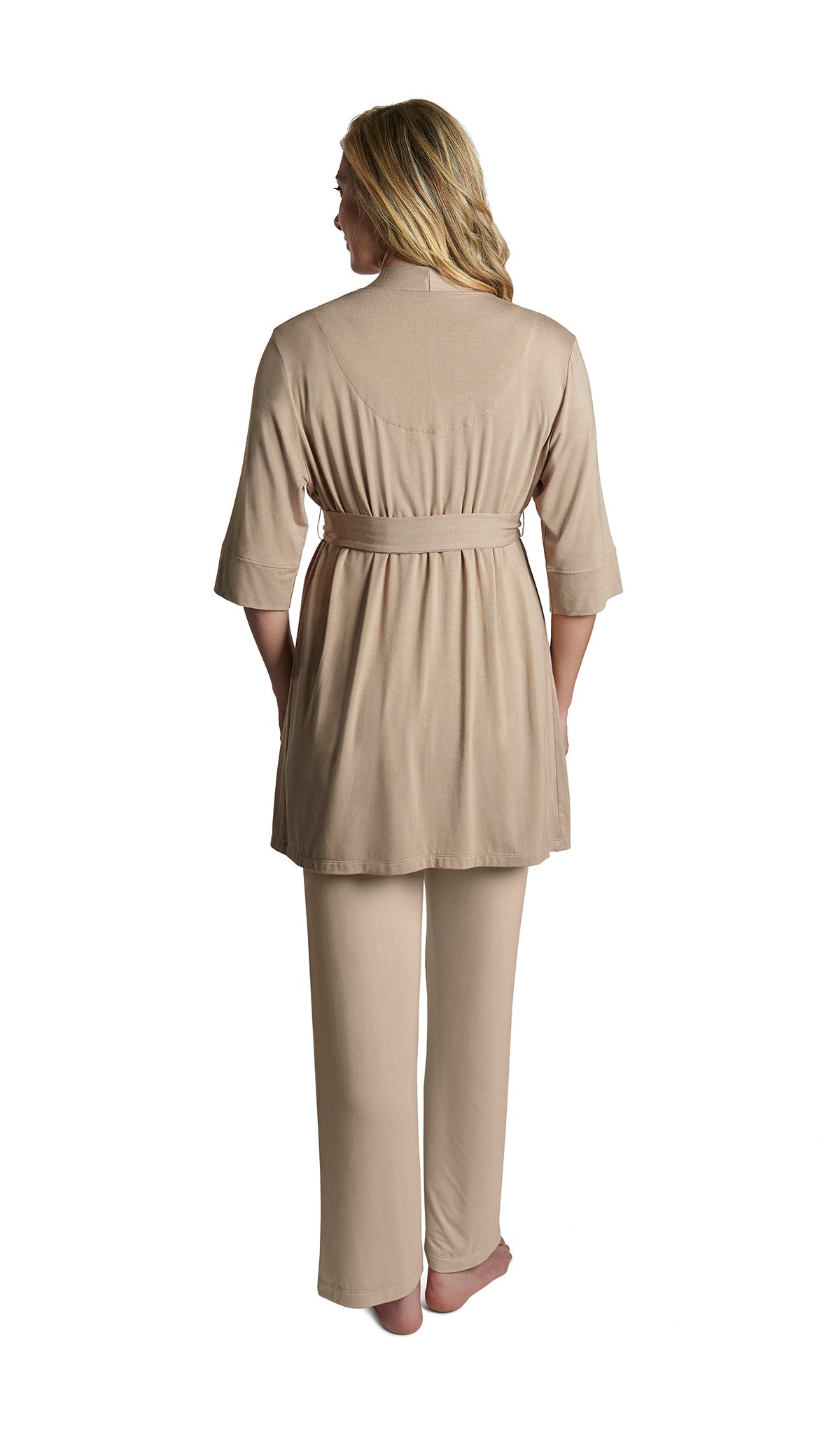 Latte Analise 5-Piece Set, back shot of woman wearing robe and pant.