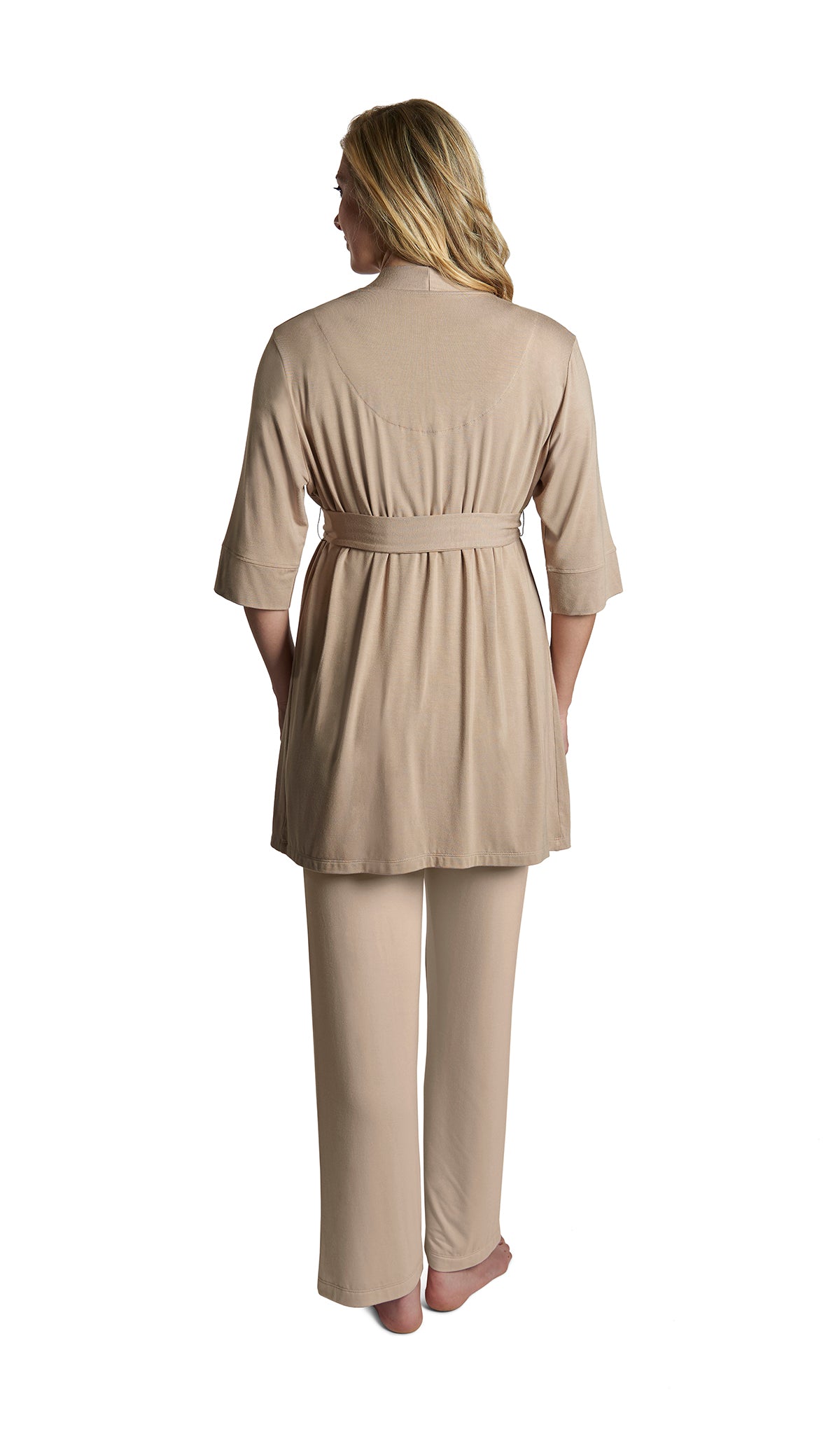 Latte Analise 3-Piece Set, back shot of woman wearing robe and pant.