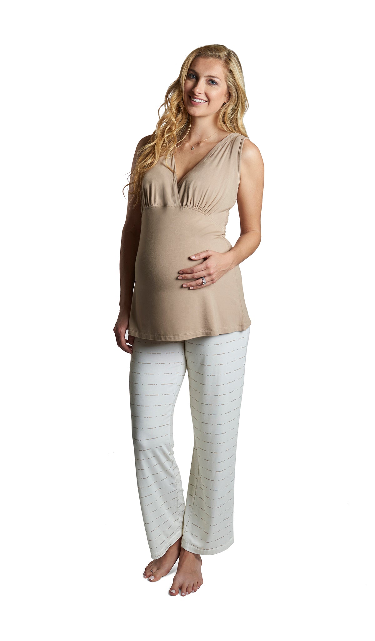 Love Analise 5-Piece Set, pregnant woman wearing criss-cross bust tank top and pant.
