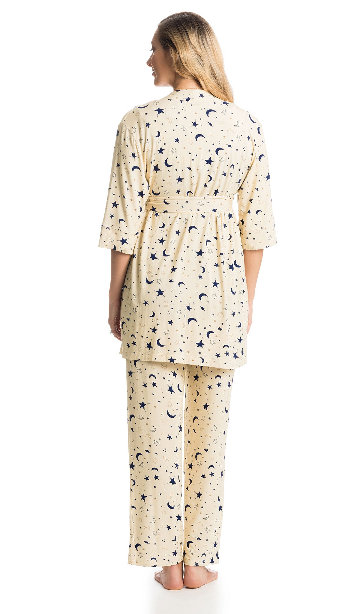 Twinkle Analise 3-Piece Set, back shot of woman wearing robe and pant.