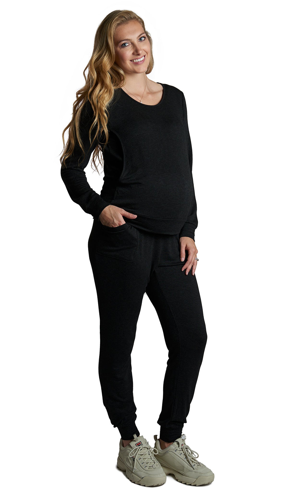 French Terry Black Whitney 2-Piece on pregnant figure. Long sleeve top with nursing access and long pant with cuff hem.