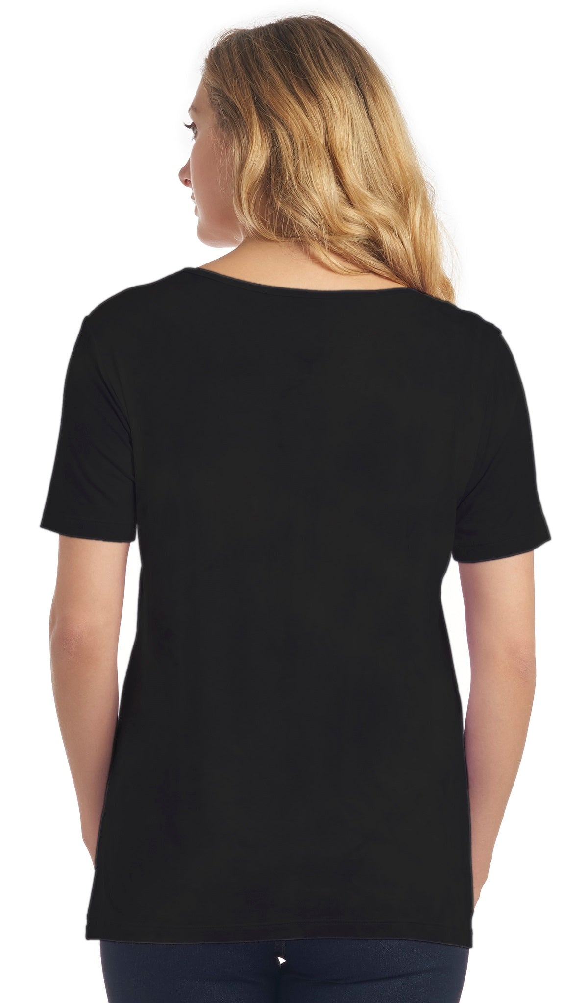Black Solid Erika back shot of woman wearing tee.