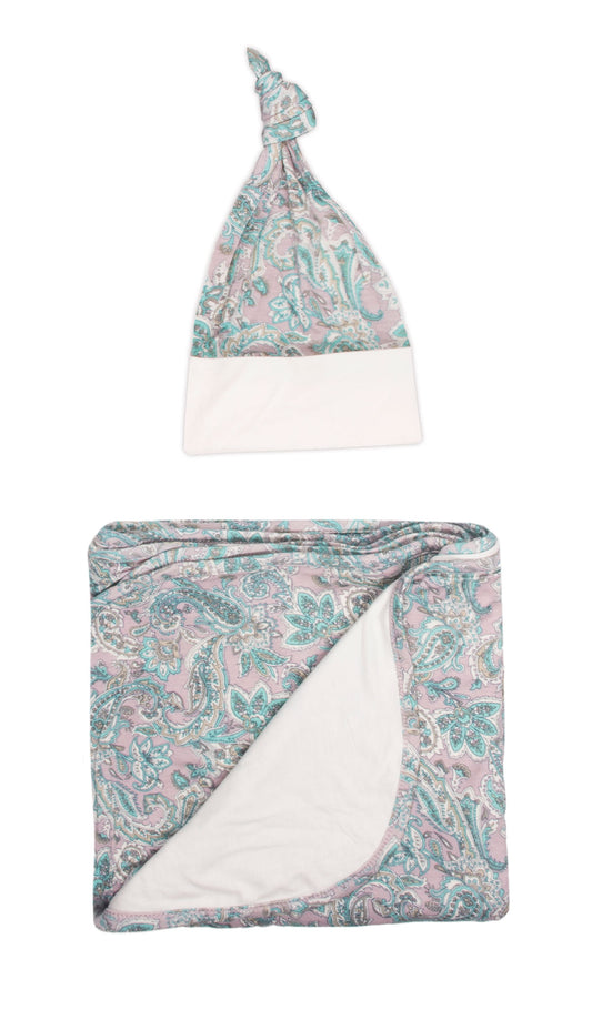 Paisley Swaddle 2-Piece Set. Knotted baby hat with matching printed blanket.