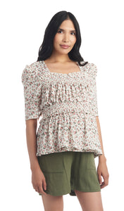 Ivory Floral Tracey maternity/nursing top worn by pregnant woman in Shelly short in olive.