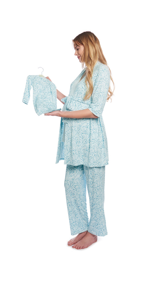Waves Analise 5-Piece Set. Pregnant woman wearing 3/4 sleeve robe, tank top and pant while holding a baby gown on hanger.
