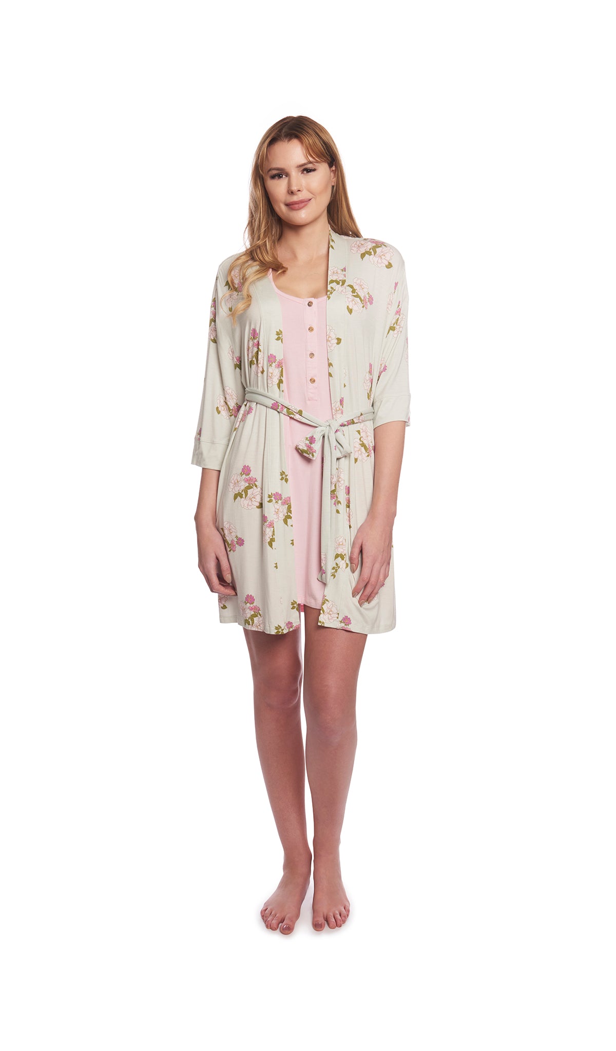 Peony Carolyn 2-Piece Set, woman wearing short sleeve nightgown with robe over it.