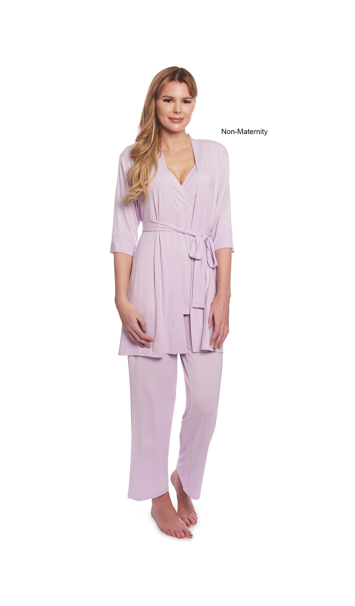 Lavender Analise 3-Piece Set. Woman wearing 3/4 sleeve robe, tank top and pant as non-maternity.