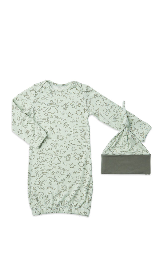 Sage Doodle Gown 2-Piece with long sleeve baby gown and matching knotted hat.