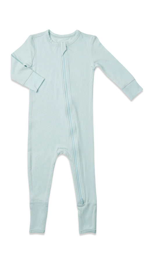 Whispering Blue Convertible Romper with long sleeves and zip front.
