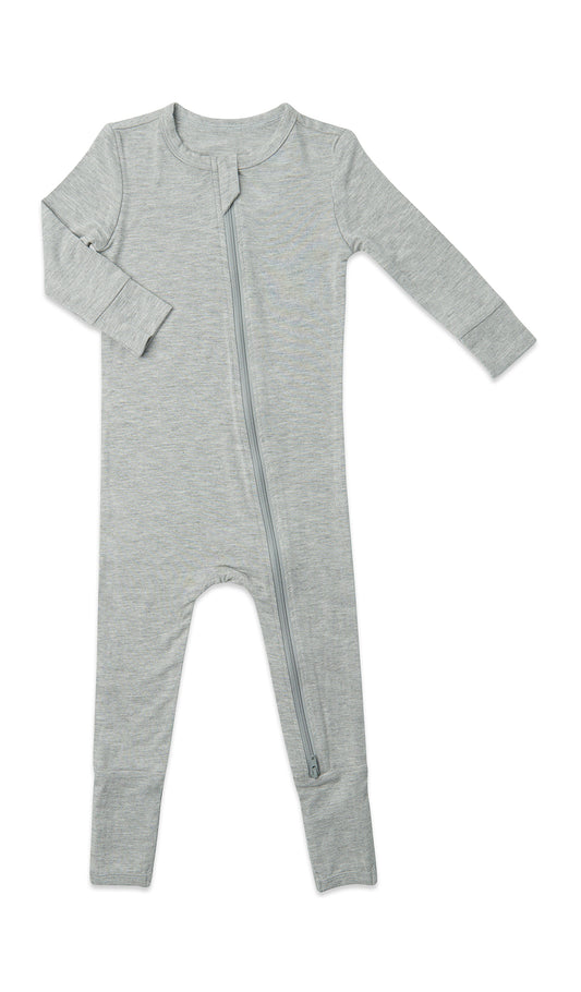Heather Grey Solid Convertible Romper with long sleeves and zip front.