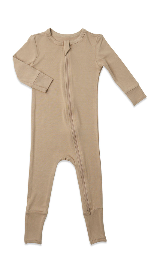 Latte Convertible Romper with long sleeves and zip front.