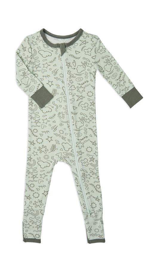 Sage Doodle Convertible Romper with long sleeves and zip front.