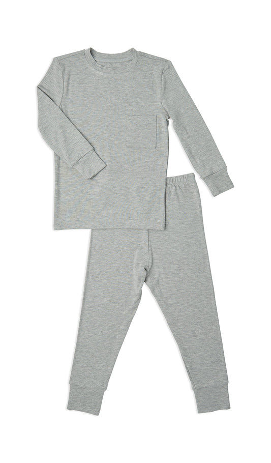 Heather Grey Solid Emerson Baby 2-Piece Pant PJ. Long sleeve top with cuff trim and long pant with cuff trim.