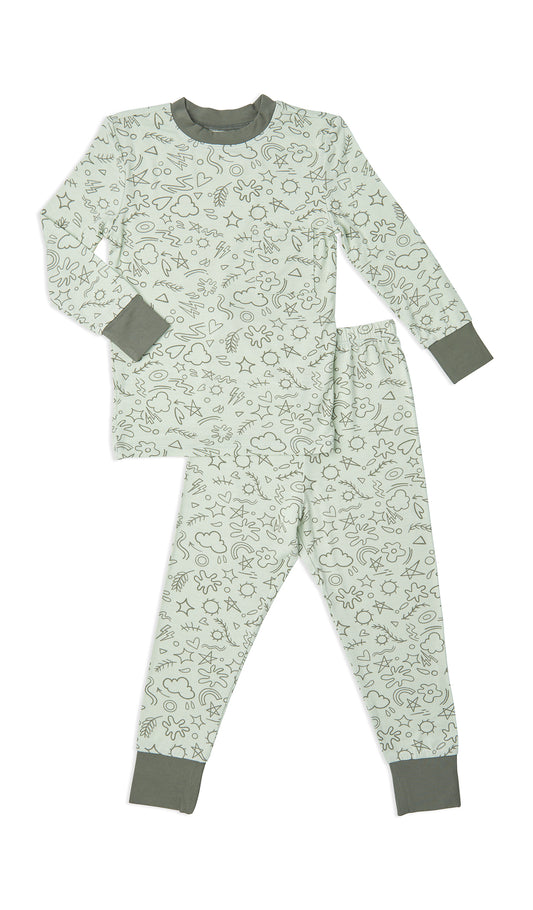 Sage Doodle Emerson Baby 2-Piece Pant PJ. Long sleeve top with cuff trim and long pant with cuff trim.