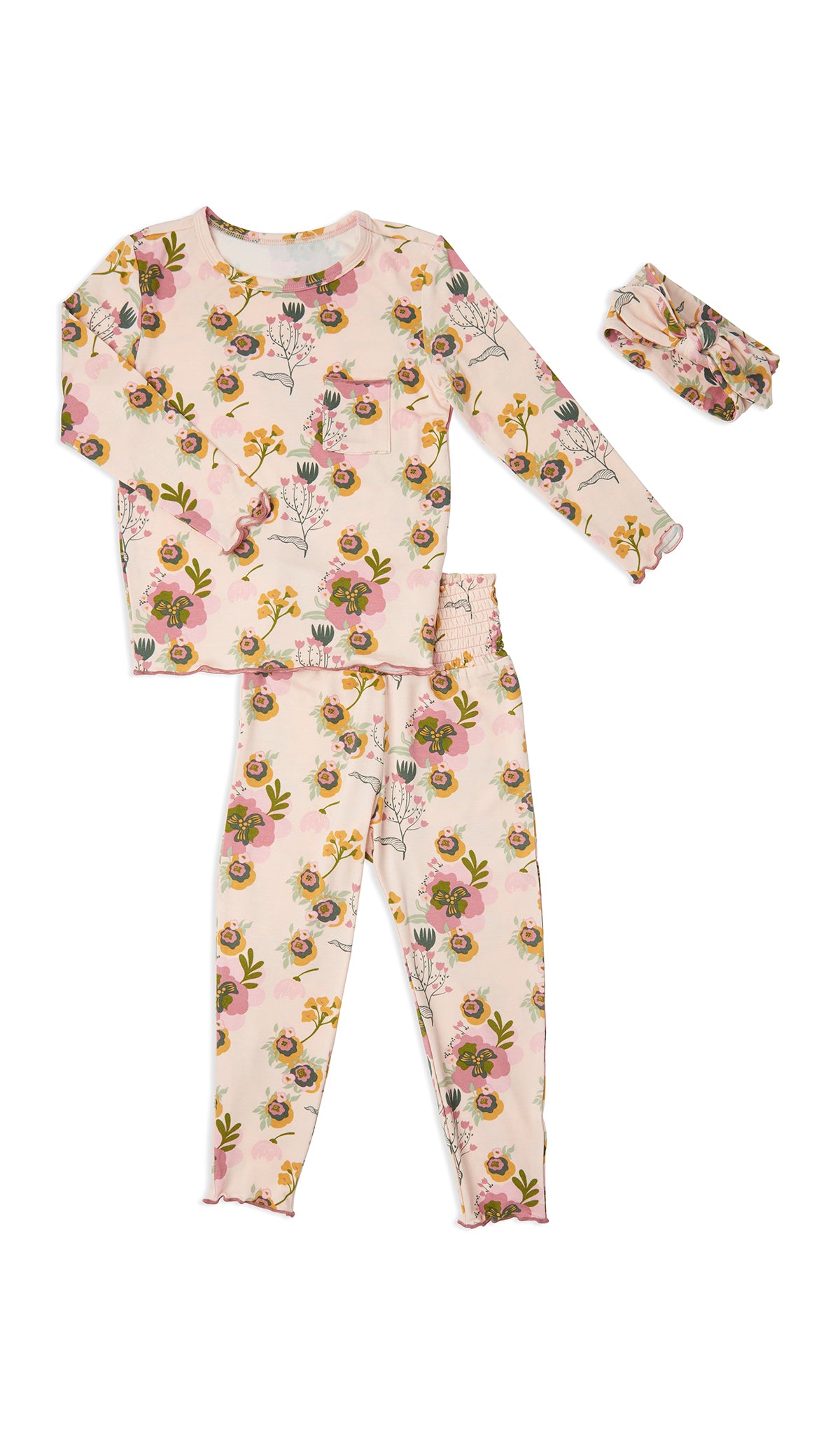 Camellia Charlie Baby 3-Piece Pant PJ. Long sleeve top with smocked waistband pant and matching headwrap. Lettuce trim detail on sleeve edge, top and pant hem.