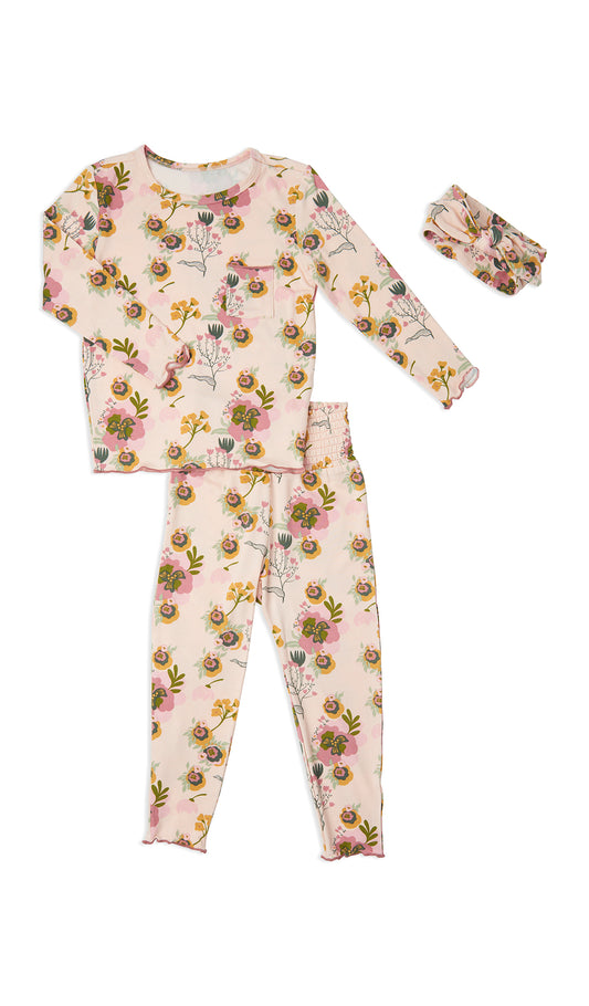 Camellia Charlie Baby 3-Piece Pant PJ. Long sleeve top with smocked waistband pant and matching headwrap. Lettuce trim detail on sleeve edge, top and pant hem.