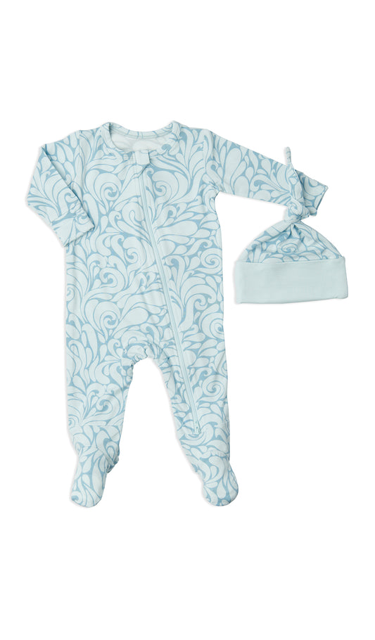 Waves Footie 2-Piece with long sleeves, zip front and matching knotted baby hat.