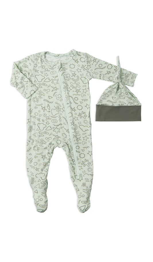 Sage Doodle Footie 2-Piece with long sleeves, zip front and matching knotted baby hat.