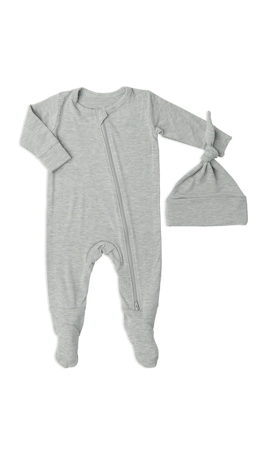 Heather Grey Solid Footie 2-Piece with long sleeves, zip front and matching knotted baby hat.