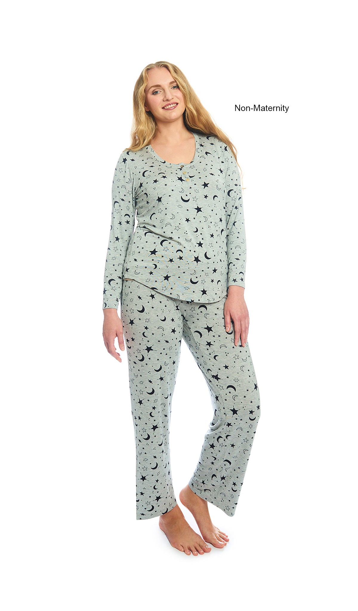 Twinkle Night Laina 2-Piece Set. Woman wearing button front placket long sleeve top and pant as non-maternity.