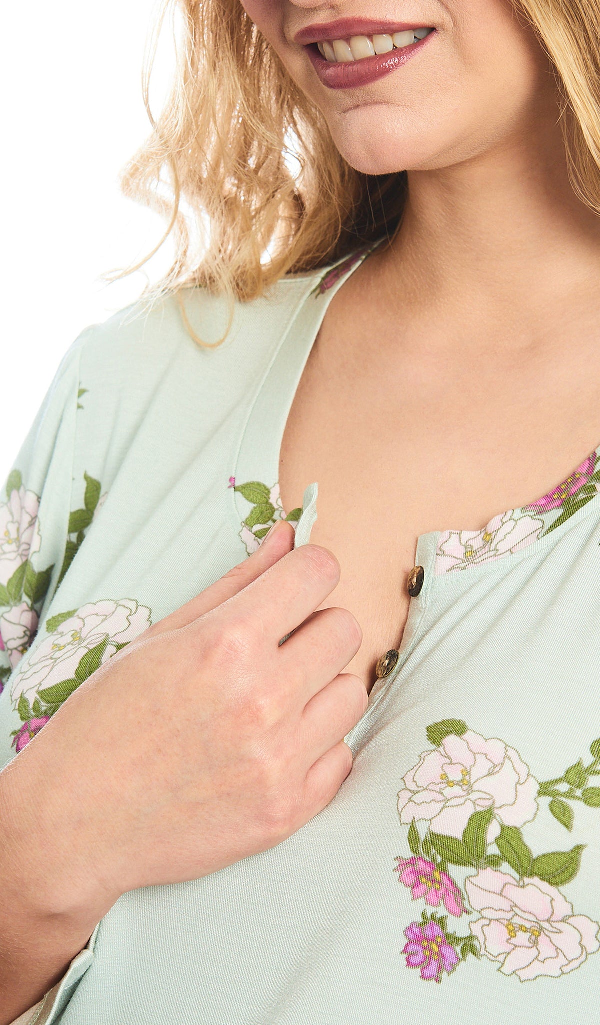 Peony Laina 2-Piece Set, detailed shot of button placket for long sleeve top.