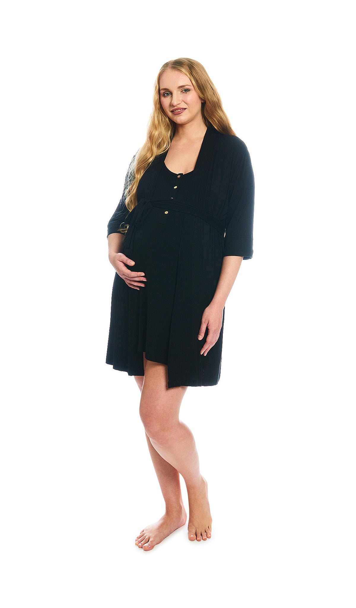 Black Elia 2-Piece Set.  Pregnant woman wearing 3/4 sleeve robe and short sleeve button front placket nightgown with hand under belly.