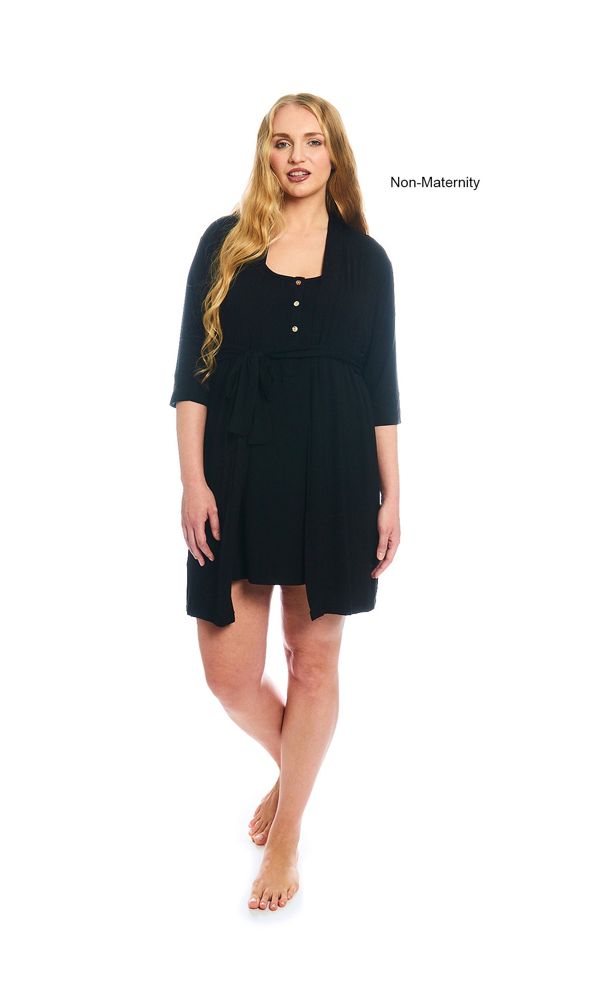 Black Elia 2-Piece Set. Woman 3/4 sleeve robe and short sleeve button front placket nightgown as non-maternity.