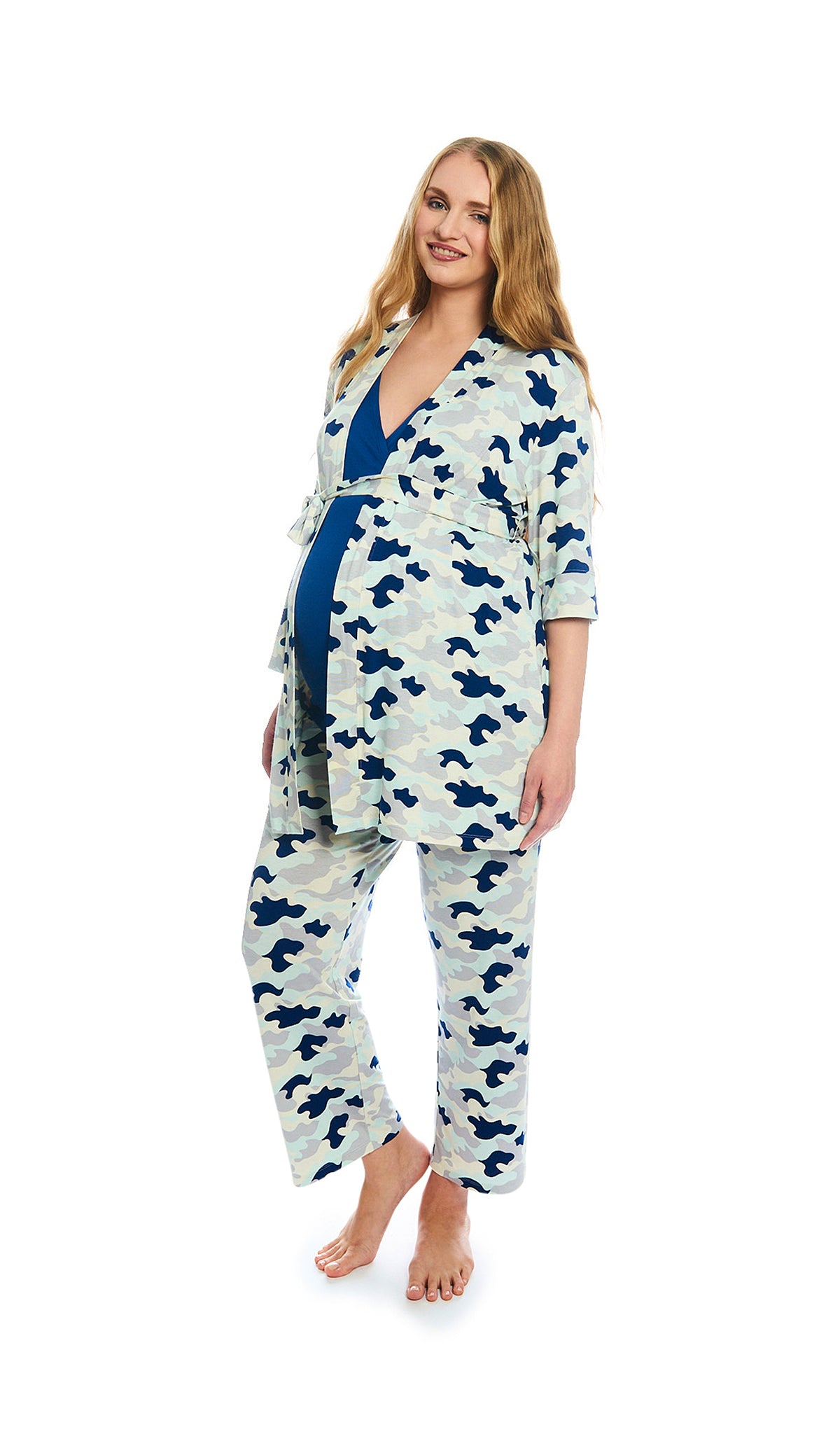 Camo Analise 3-Piece Set. Pregnant woman wearing 3/4 sleeve robe, tank top and pant.