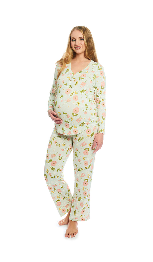 Carnation Laina 2-Piece Set. Pregnant woman wearing button front placket long sleeve top and pant with one hand on belly.