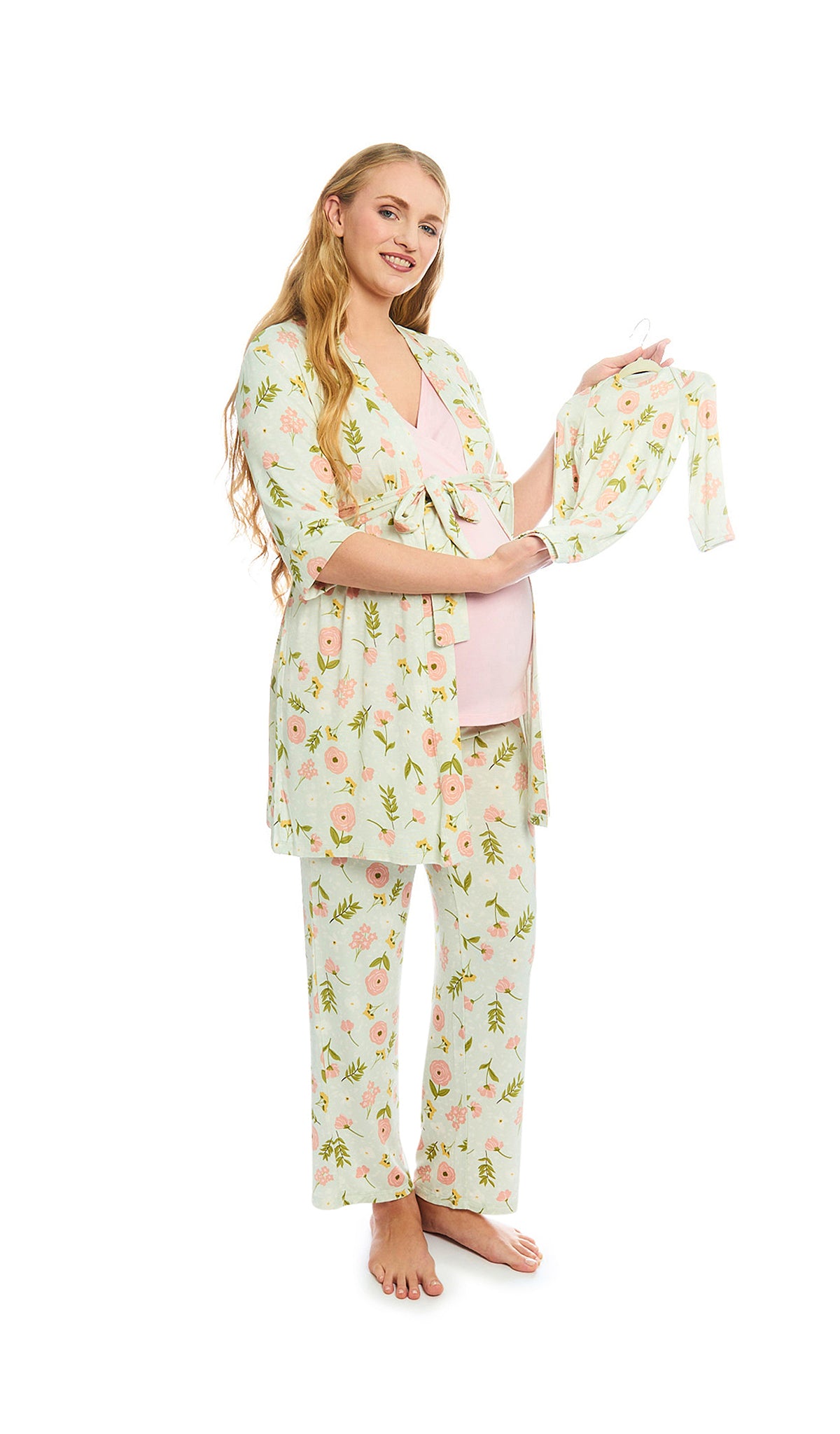 Carnation Analise 5-Piece Set. Pregnant woman wearing 3/4 sleeve robe, tank top and pant while holding a baby gown.
