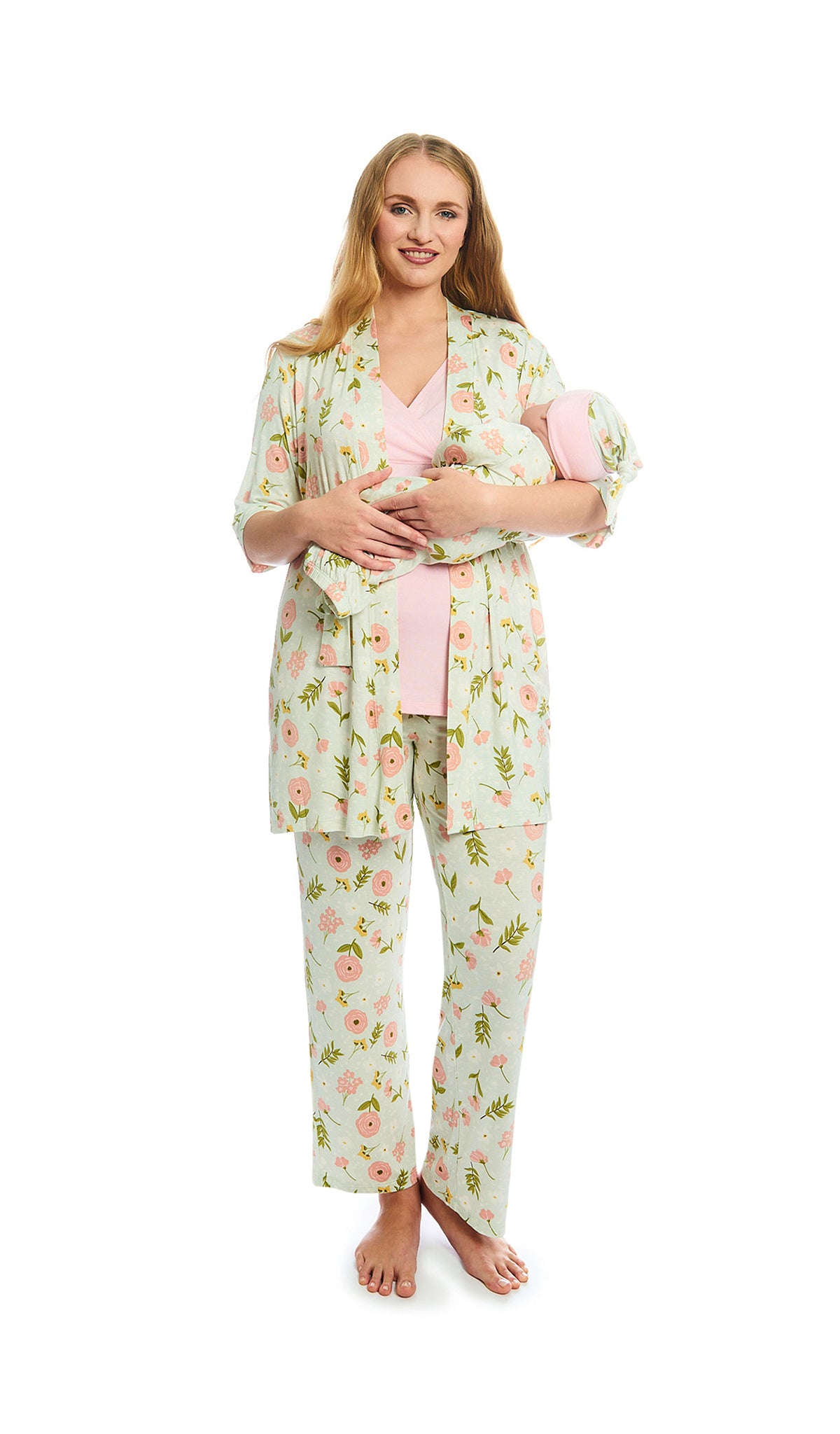 Carnation Analise 5-Piece Set. Woman wearing 3/4 sleeve robe, tank top and pant while holding a baby wearing baby gown and knotted baby hat.