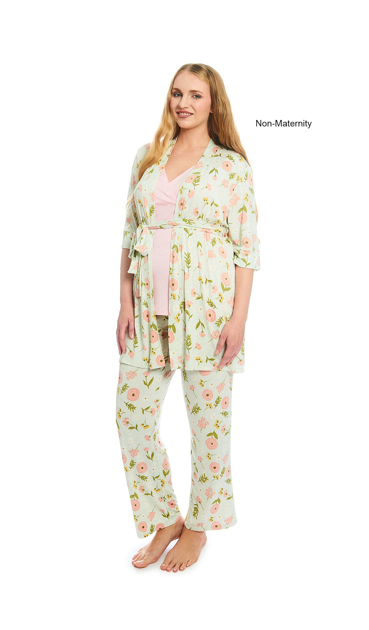 Carnation Analise 3-Piece Set. Woman wearing 3/4 sleeve robe, tank top and pant as non-maternity.