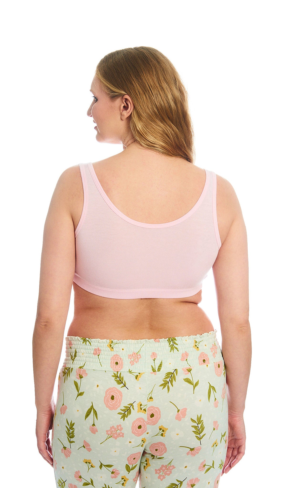 Carnation Paisley 3-Pack. Detail back shot of woman wearing solid blush nursing bra.