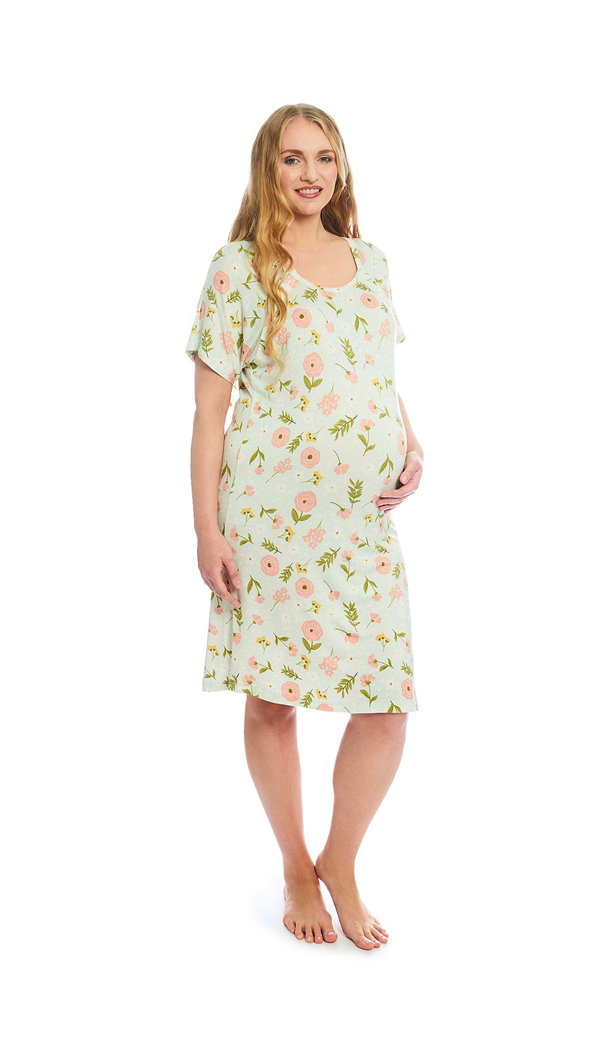 Carnation Rosa hospital gown. Pregnant woman with one hand on belly, wearing hospital gown with scoop-neckline featuring dual snap openings. 