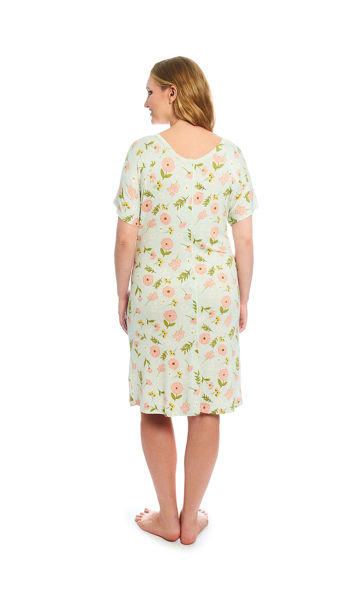 Carnation Rosa hospital gown. Back shot of woman wearing hospital gown with full-length snap-back opening.