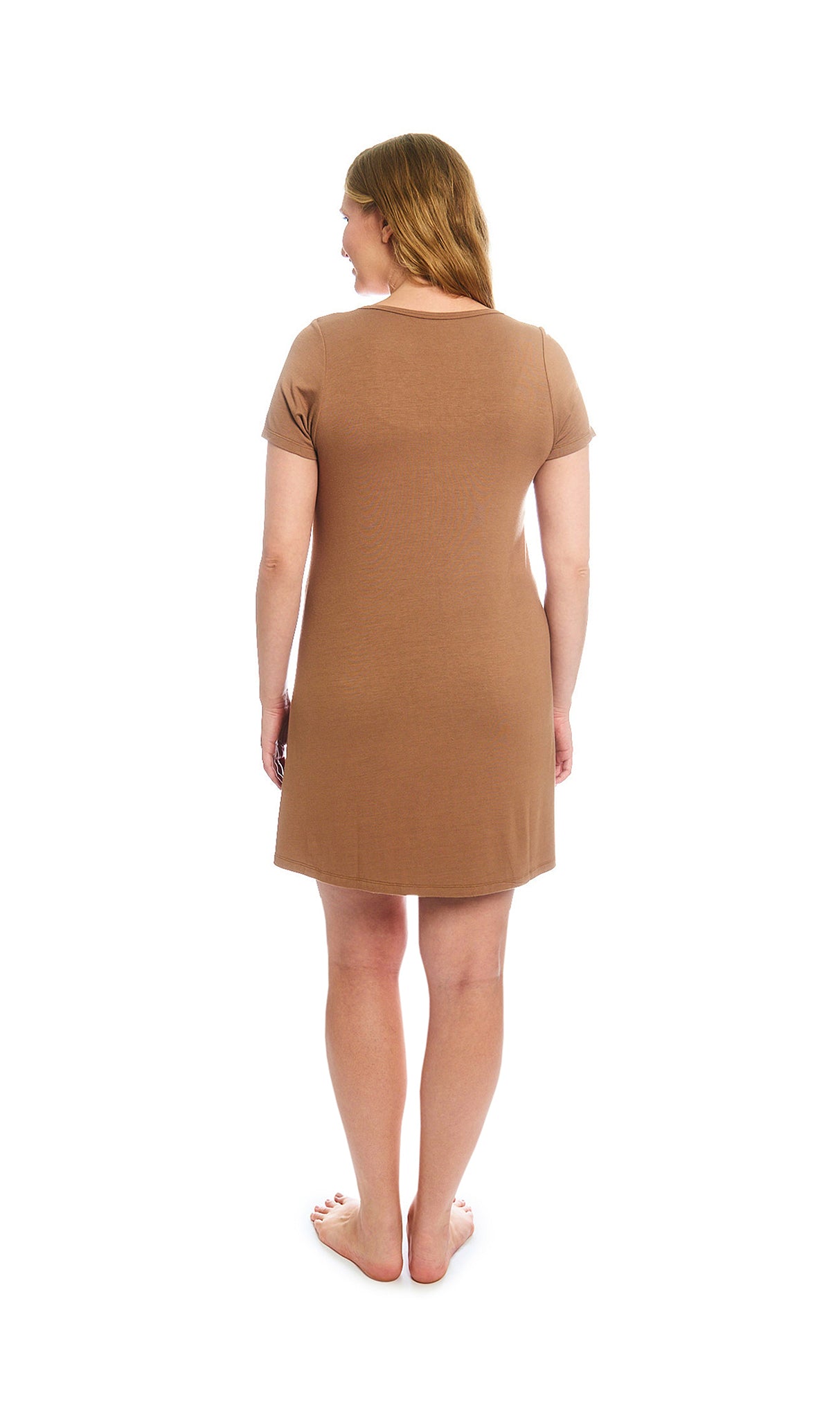 Mocha Stripe Carolyn 4-Piece Set, back shot of woman wearing short sleeve nightgown.
