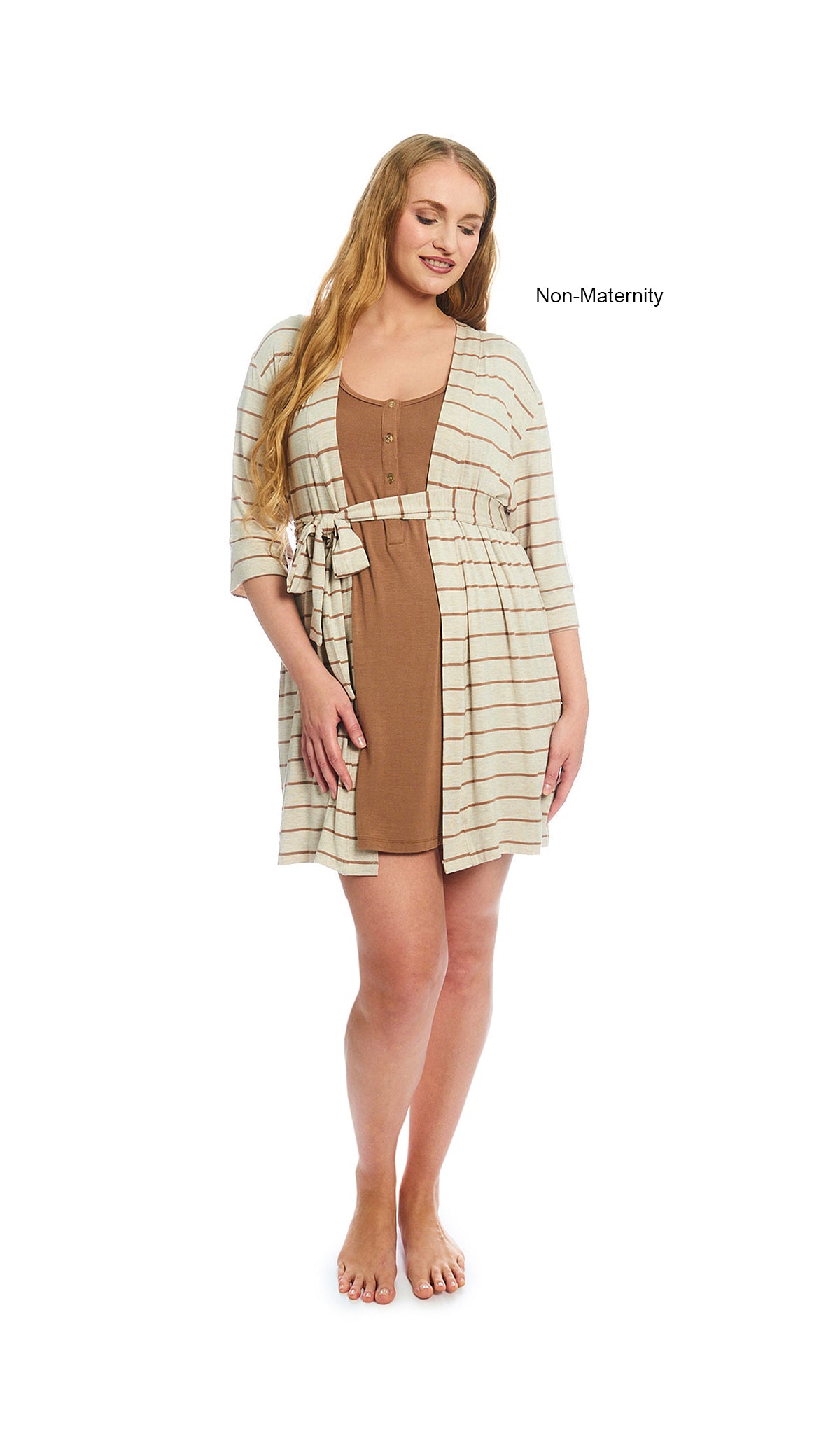 Mocha Stripe Carolyn 2-Piece Set. Woman 3/4 sleeve robe and short sleeve button front placket nightgown as non-maternity.