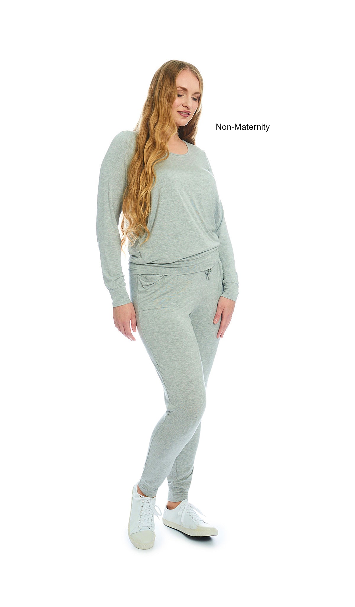 Heather Grey Solid Whitney 2-Piece on woman wearing as non-maternity. Long sleeve top with nursing access on sides and long pant with cuff.