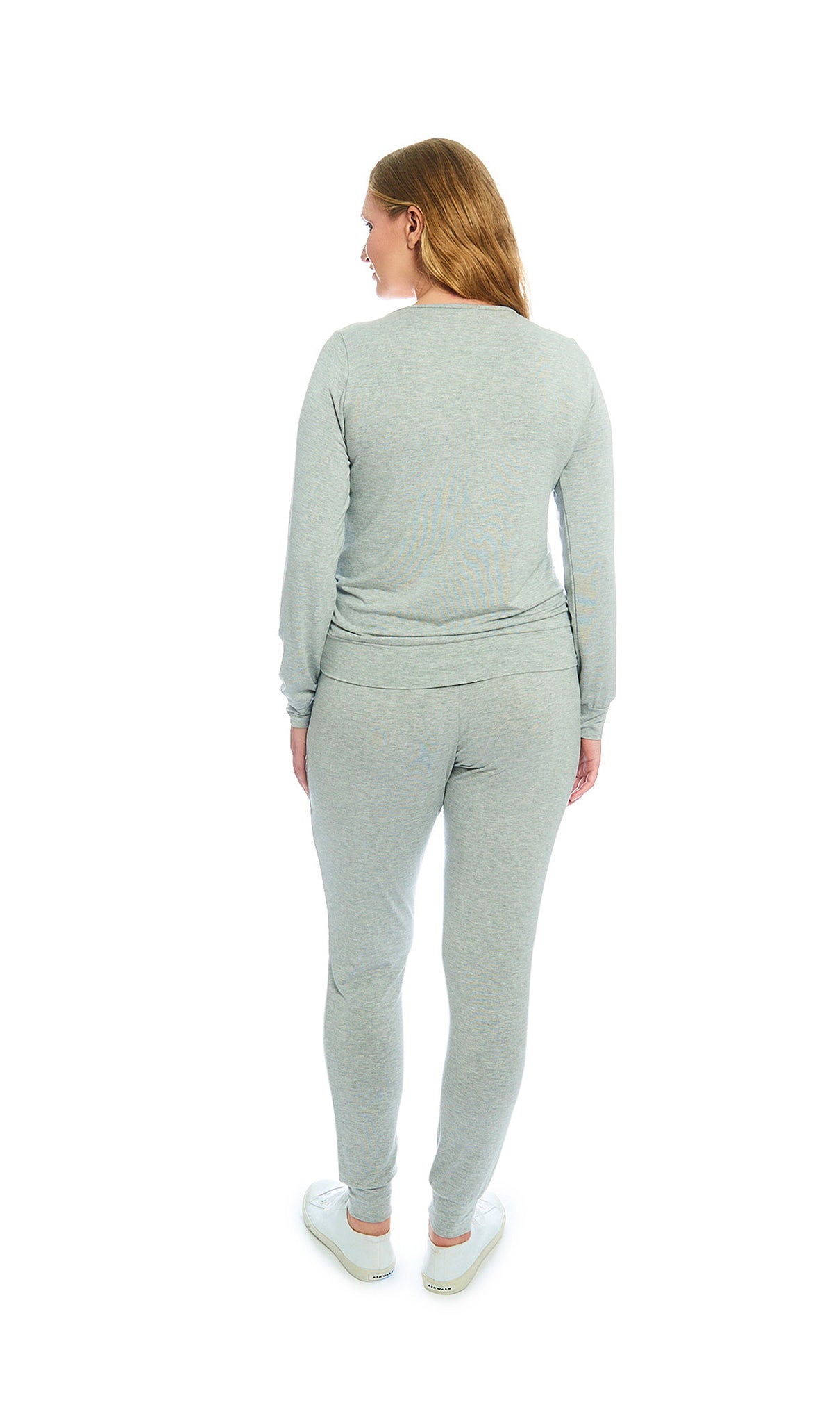 Heather Grey Solid Whitney 2-Piece back view on figure showing long sleeve top and long pant with cuff hem.