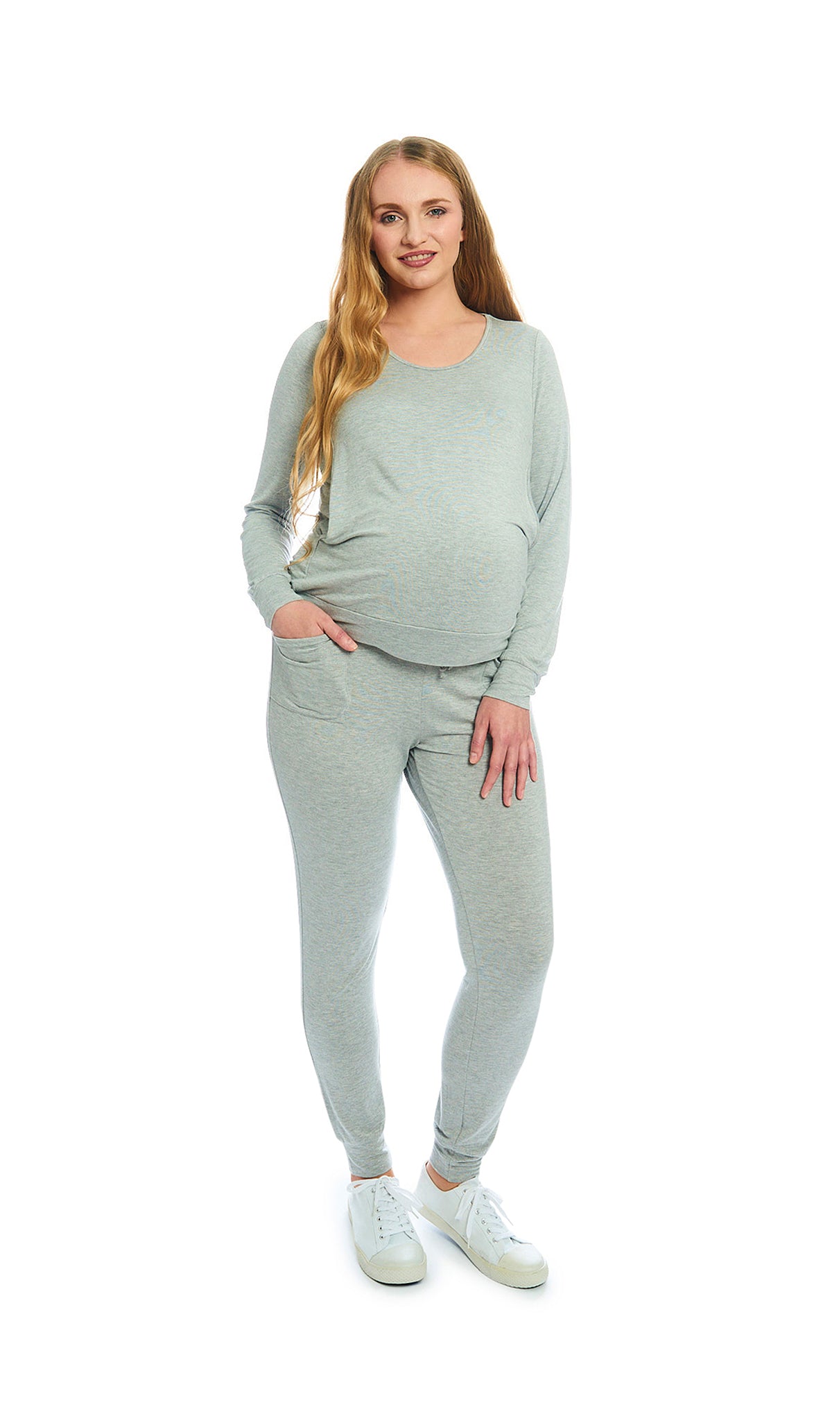 Heather Grey Solid Whitney 2-Piece on pregnant figure. Long sleeve top with nursing access and long pant with cuff hem.