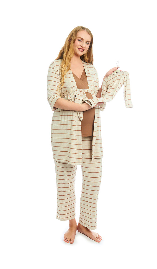 Mocha Stripe Analise 5-Piece Set. Pregnant woman wearing 3/4 sleeve robe, tank top and pant while holding a baby gown.