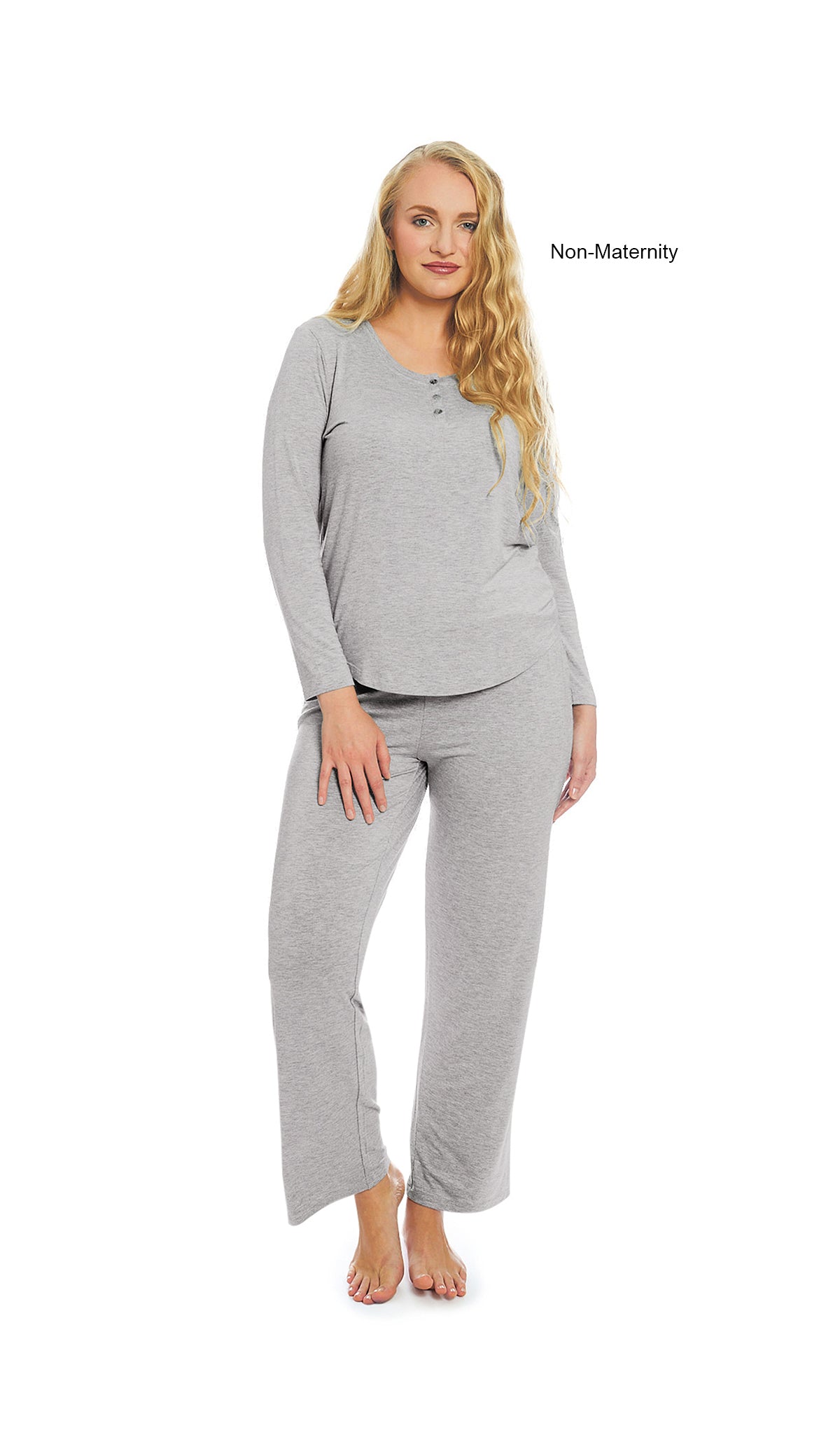 Heather Grey Solid Laina 2-Piece Set. Woman wearing button front placket long sleeve top and pant as non-maternity.